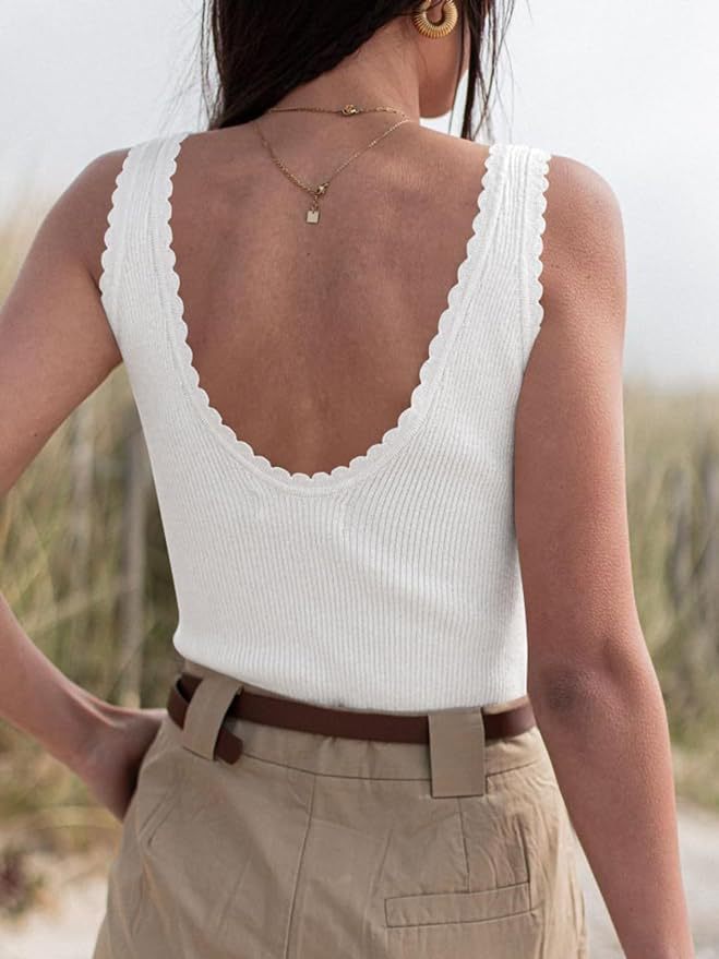 U-necked Backless Lace-trimmed Rib-knit Summer Sweater Vest by Ricaloux