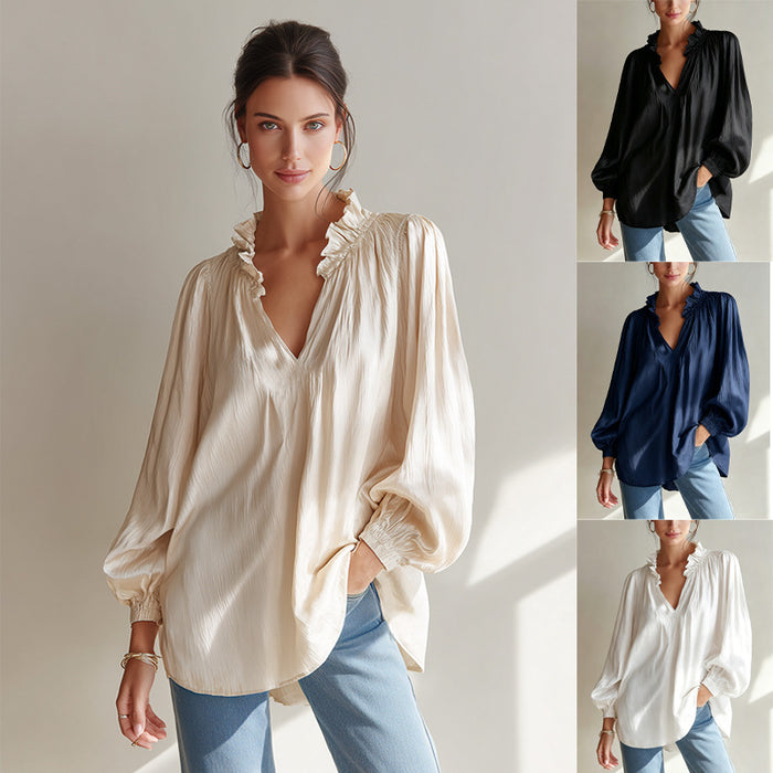V-neck Loose-fitting Top With Puffed Balloon Sleeves by Ricaloux