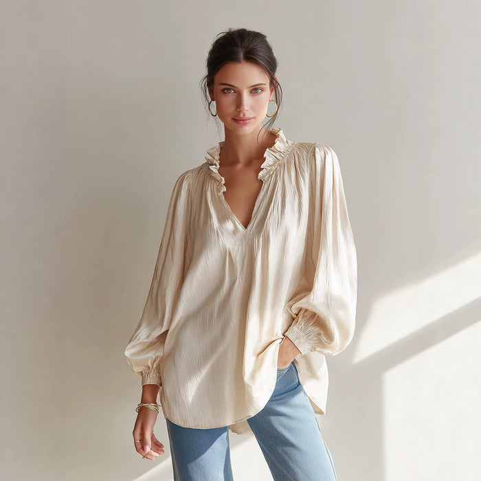 V-neck Loose-fitting Top With Puffed Balloon Sleeves by Ricaloux