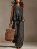 V-Neck Ruffle Hem Sleeveless Crop Top & High Waist Wide Leg Linen Pants Two Piece Outfit Set by Ricaloux