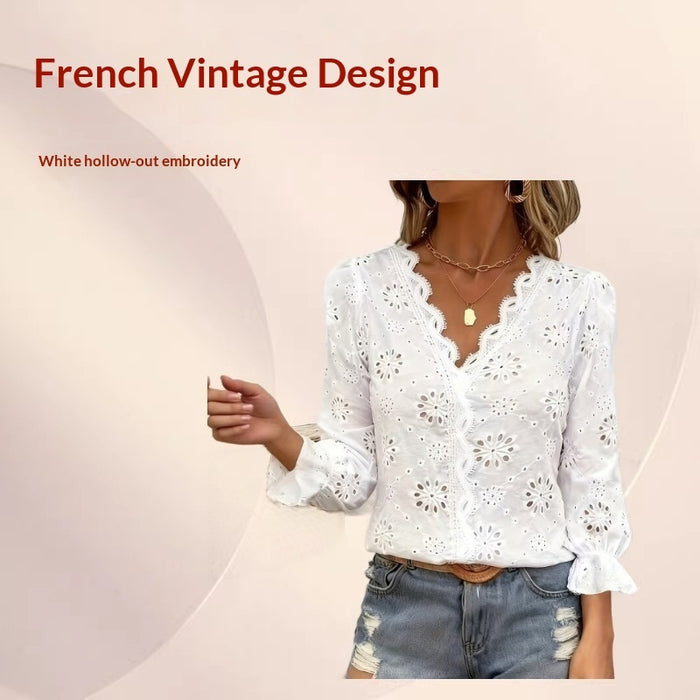 V-neck Ruffled Long-sleeve Top Elegant Style by Ricaloux