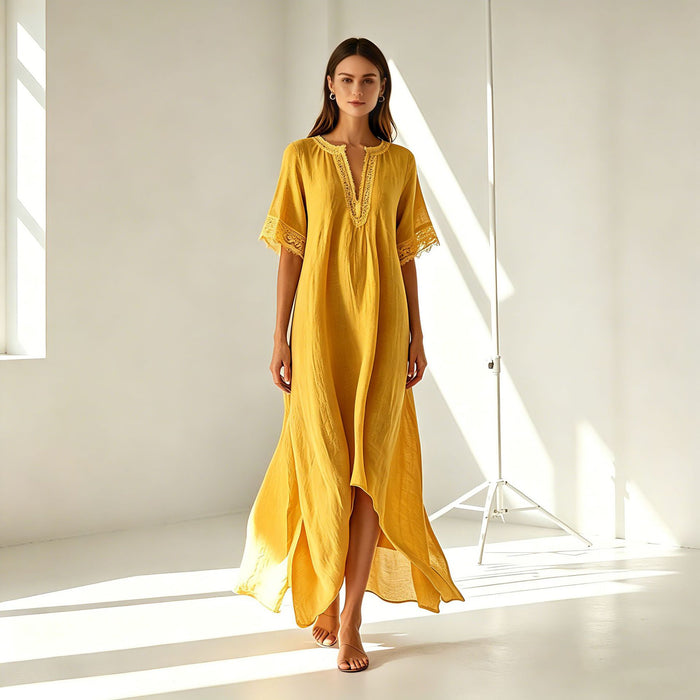V-neck Short-sleeve Slit Bohemian Resort Dress by Ricaloux