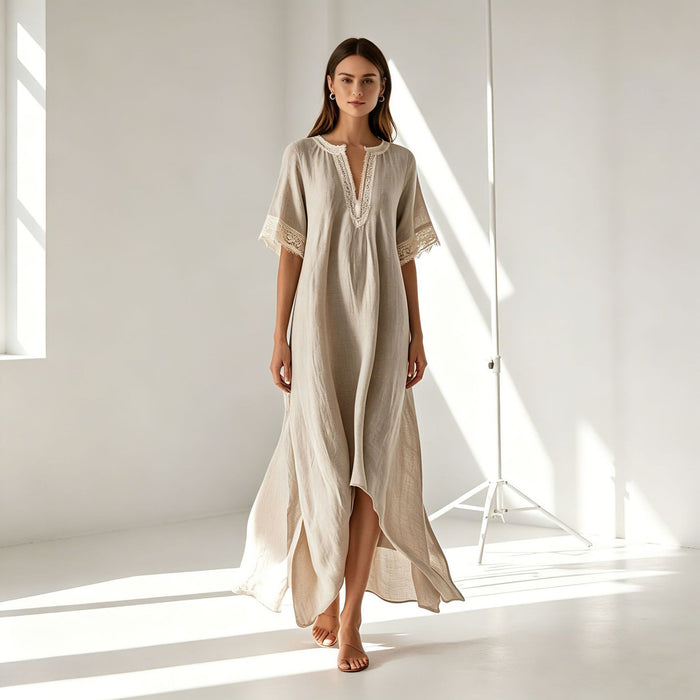 V-neck Short-sleeve Slit Bohemian Resort Dress by Ricaloux