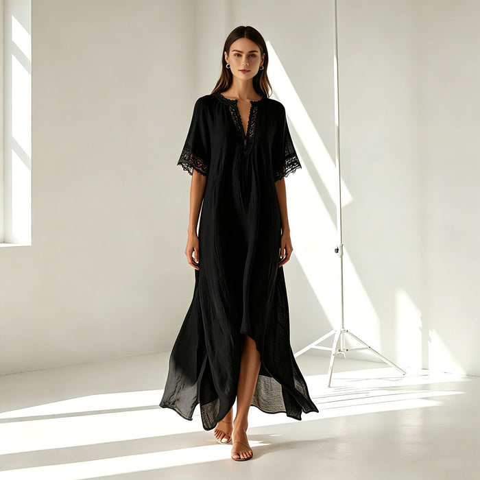 V-neck Short-sleeve Slit Bohemian Resort Dress by Ricaloux