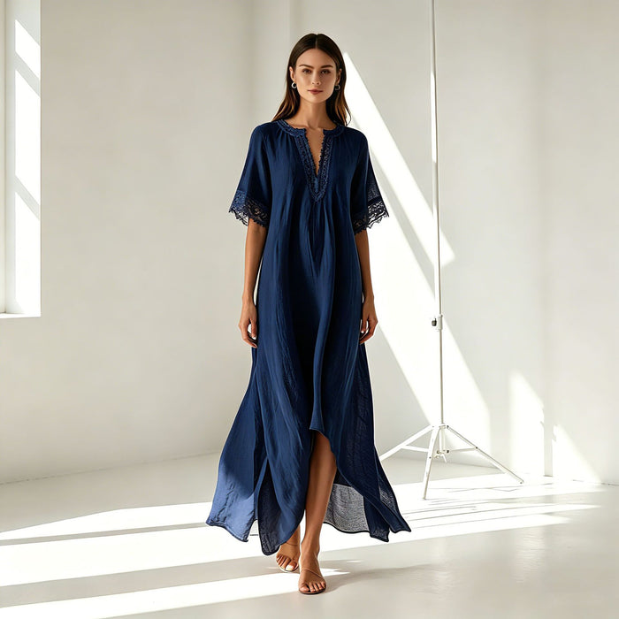 V-neck Short-sleeve Slit Bohemian Resort Dress by Ricaloux