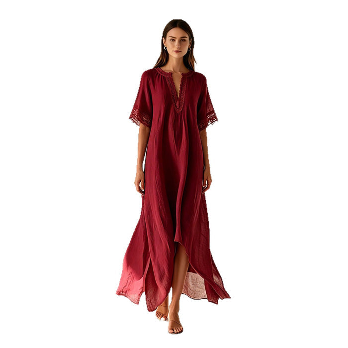 V-neck Short-sleeve Slit Bohemian Resort Dress by Ricaloux