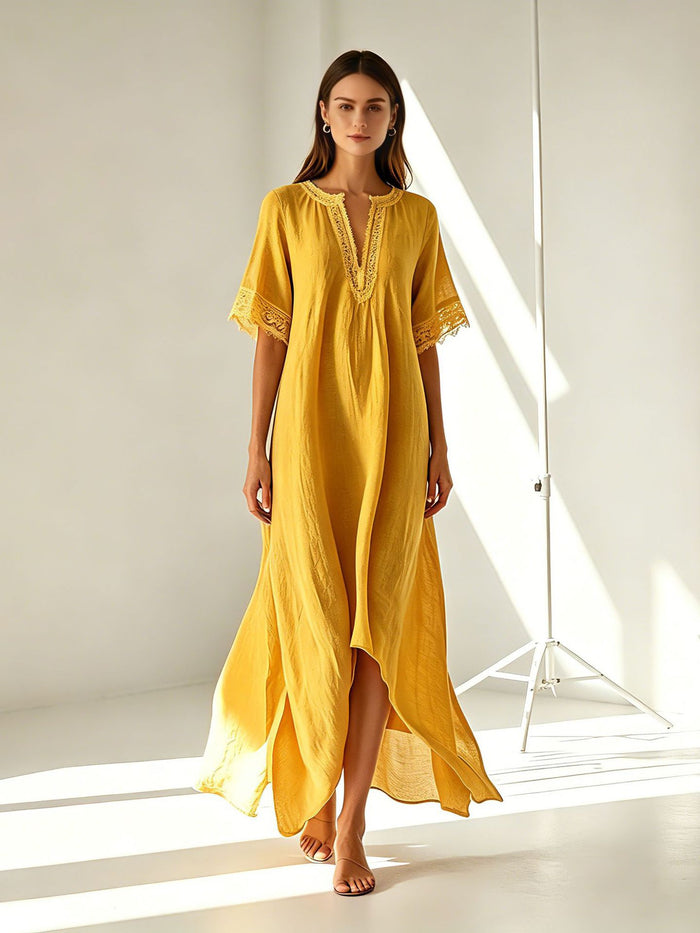 V-neck Short-sleeve Slit Bohemian Resort Dress by Ricaloux