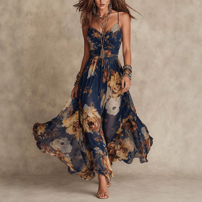 V-neck Waist-cinched Flowing Chiffon Maxi Dress For Vacation by Ricaloux