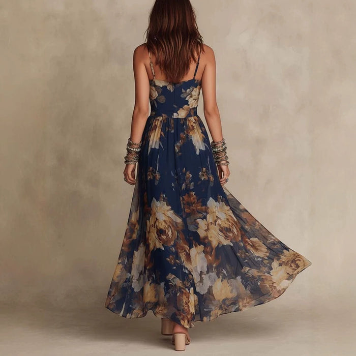 V-neck Waist-cinched Flowing Chiffon Maxi Dress For Vacation by Ricaloux