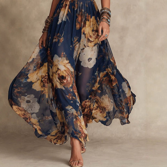 V-neck Waist-cinched Flowing Chiffon Maxi Dress For Vacation by Ricaloux