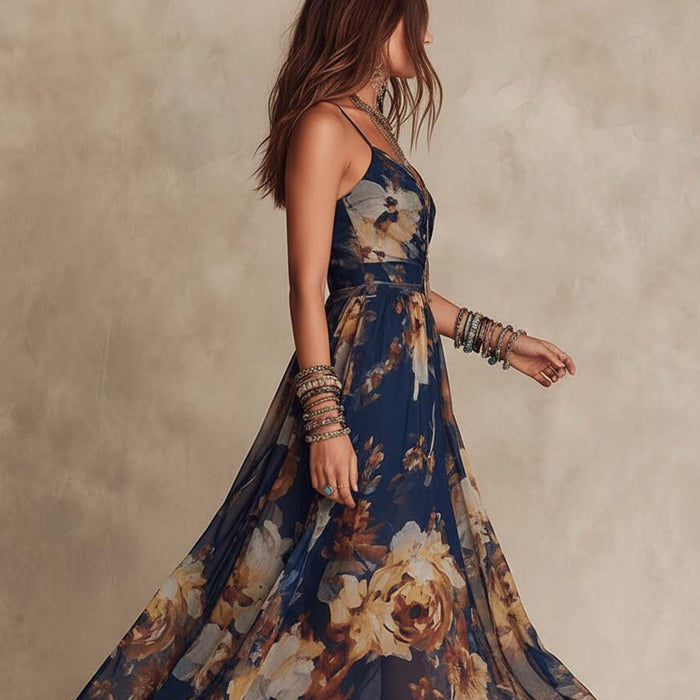 V-neck Waist-cinched Flowing Chiffon Maxi Dress For Vacation by Ricaloux