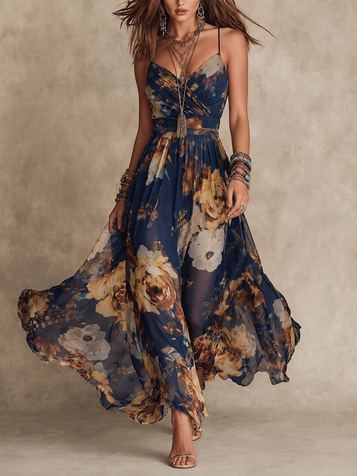 V-neck Waist-cinched Flowing Chiffon Maxi Dress For Vacation by Ricaloux