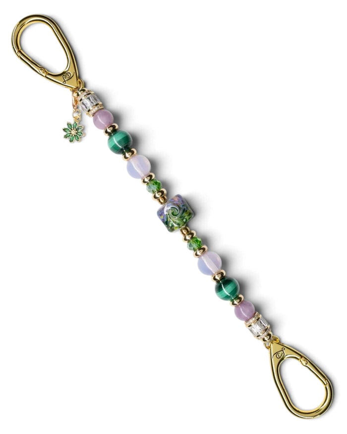 LD Keyfinder Verdant Bloom beaded accessory with malachite, opalite, lepidolite, lampwork glass, and gold flower charm.
