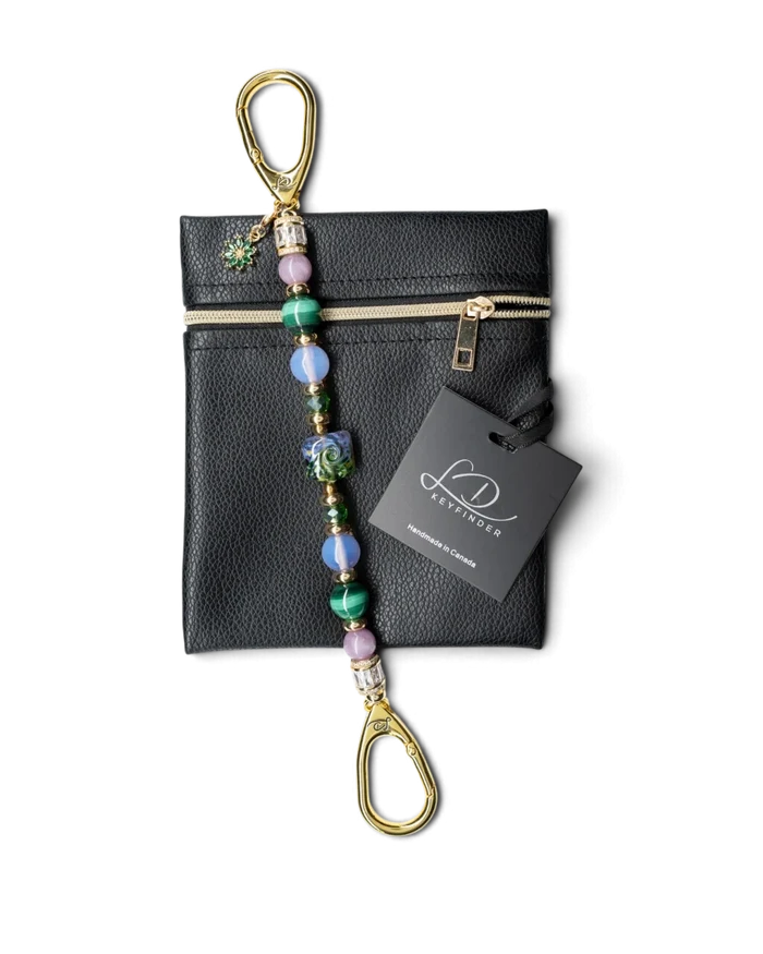 LD Keyfinder Verdant Bloom beaded accessory with lampwork glass, malachite, opalite, and gold-plated flower charm.