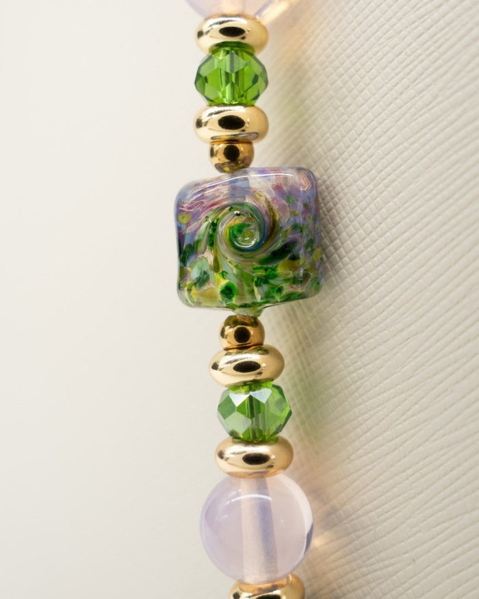 LD Keyfinder Verdant Bloom beaded accessory with malachite, pink opalite, lepidolite, and artisan lampwork glass beads.
