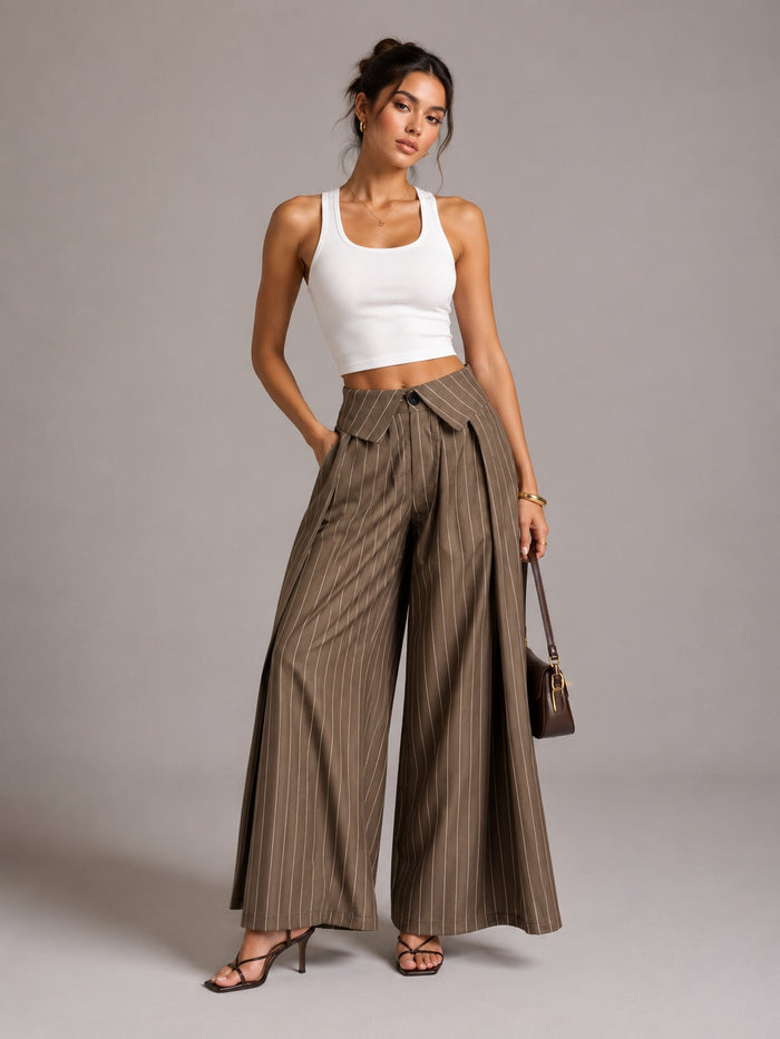 Vertical Pinstripe Turn-Down Lapel High Waist Pleated Wide Leg Tailored Pants – Premium 4 | RICALOUX