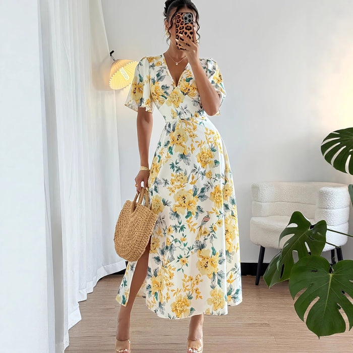 Waist-cinching Figure-flattering Short-sleeved Slit Dress by Ricaloux