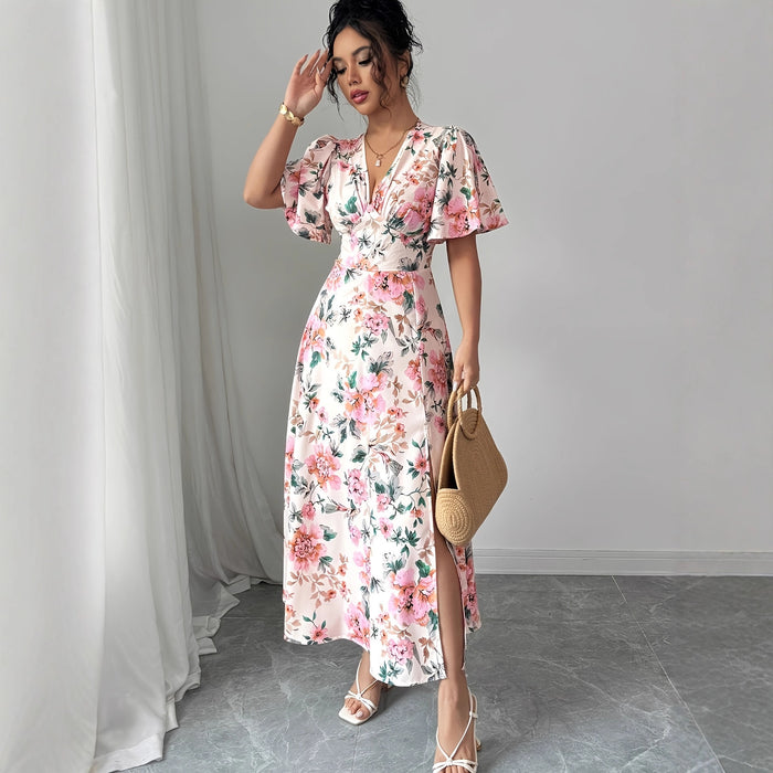 Waist-cinching Figure-flattering Short-sleeved Slit Dress – Premium 0 | RICALOUX