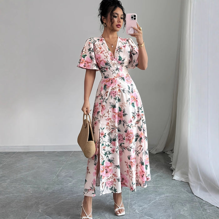 Waist-cinching Figure-flattering Short-sleeved Slit Dress – Premium 0 | RICALOUX