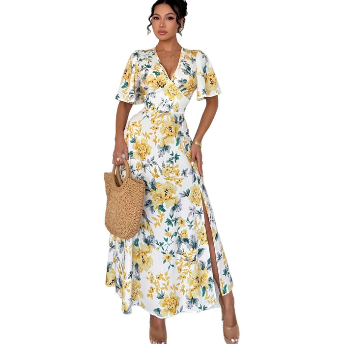 Waist-cinching Figure-flattering Short-sleeved Slit Dress – Premium 0 | RICALOUX
