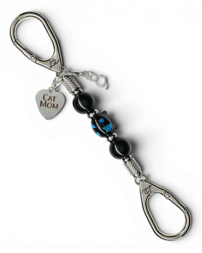 LD Keyfinder Whisker Dreams-Mini keychain with black obsidian beads, blue foil cat head, and Cat Mom heart charm.