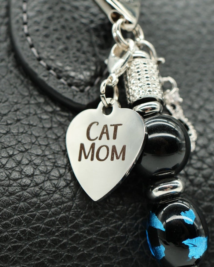 LD Keyfinder Whisker Dreams-Mini keychain with black obsidian beads, blue foil glass, and a Cat Mom heart charm.