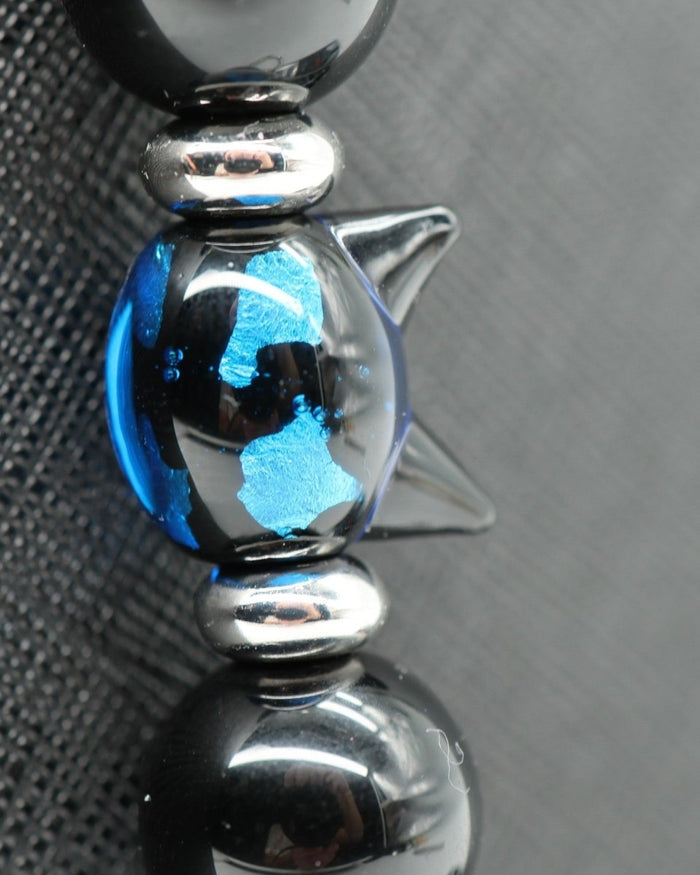 Blue Foil Glass Cat Bead