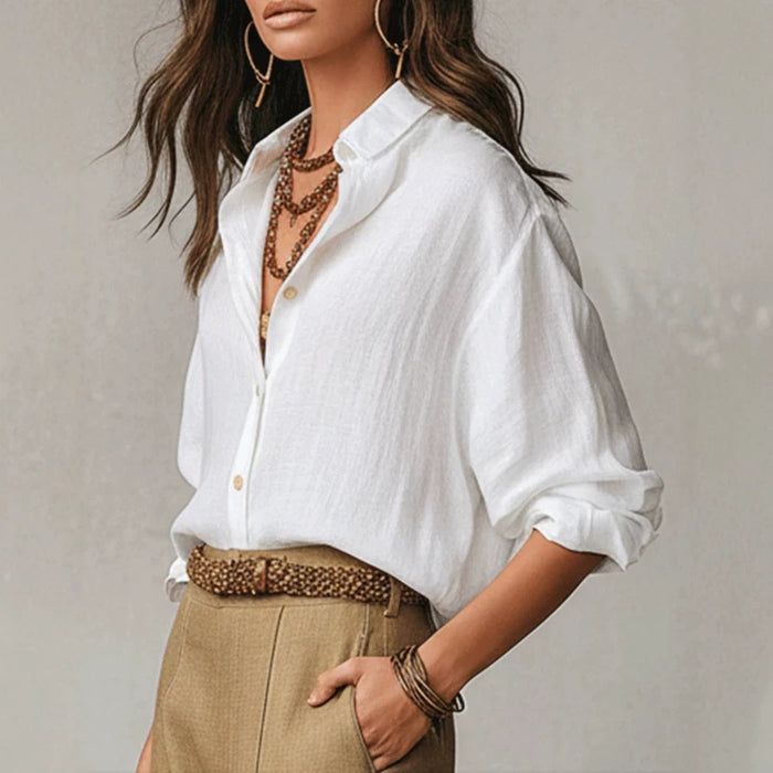 Women Cotton Linen Long Sleeve Button Down Shirt - Solid Color Breathable Casual Blouse Top for Summer Daily Wear – Premium 0 | RICALOUX