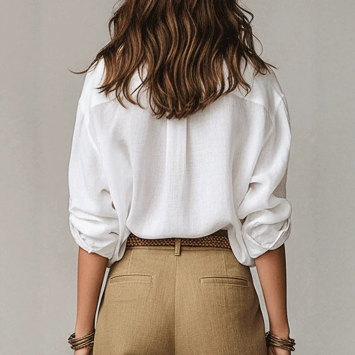 Women Cotton Linen Long Sleeve Button Down Shirt - Solid Color Breathable Casual Blouse Top for Summer Daily Wear – Premium 0 | RICALOUX