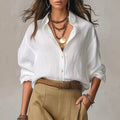 Women Cotton Linen Long Sleeve Button Down Shirt - Solid Color Breathable Casual Blouse Top for Summer Daily Wear – Premium 0 | RICALOUX