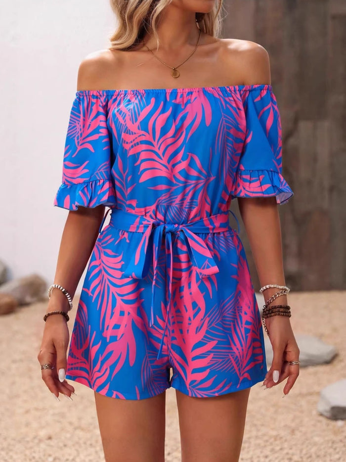 Women Off Shoulder Ruffle Sleeve Printed Belted Waist Cinching Jumpsuit by Ricaloux