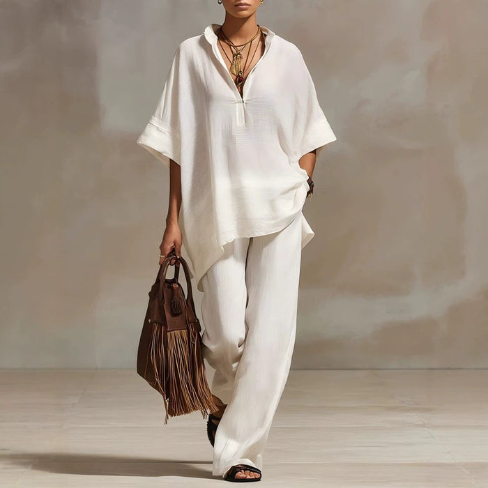 Womens Casual Loose-fitting Solid-color Shirt And Wide-leg Pants Set by Ricaloux