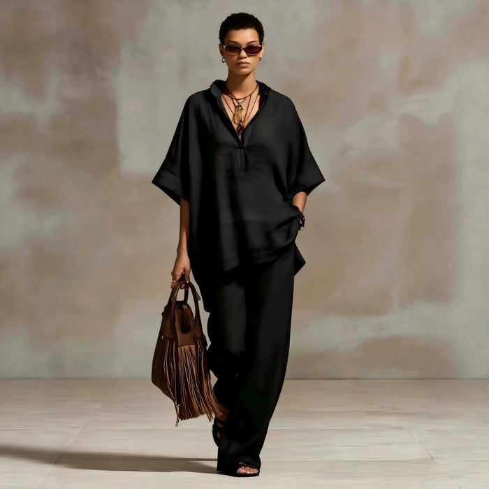Womens Casual Loose-fitting Solid-color Shirt And Wide-leg Pants Set by Ricaloux