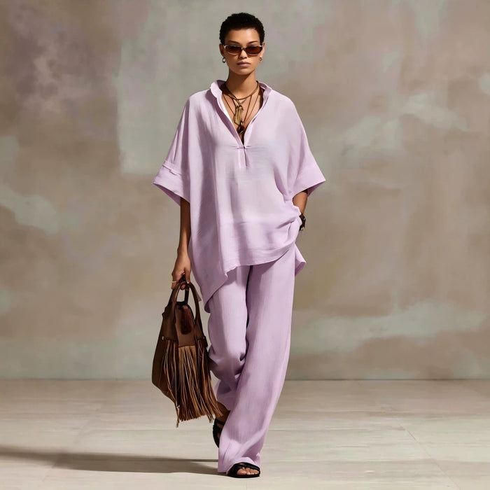 Womens Casual Loose-fitting Solid-color Shirt And Wide-leg Pants Set by Ricaloux