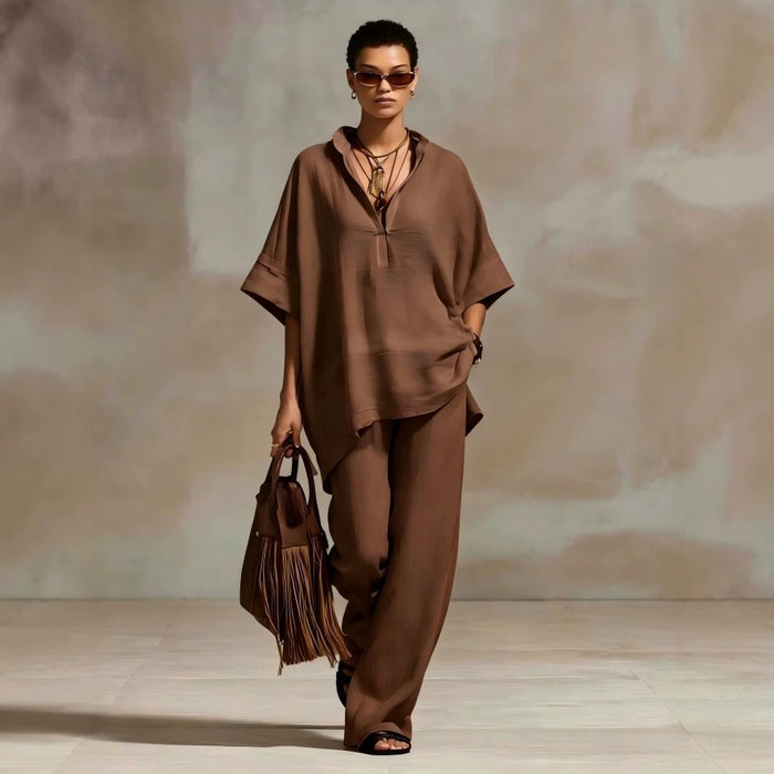 Womens Casual Loose-fitting Solid-color Shirt And Wide-leg Pants Set by Ricaloux