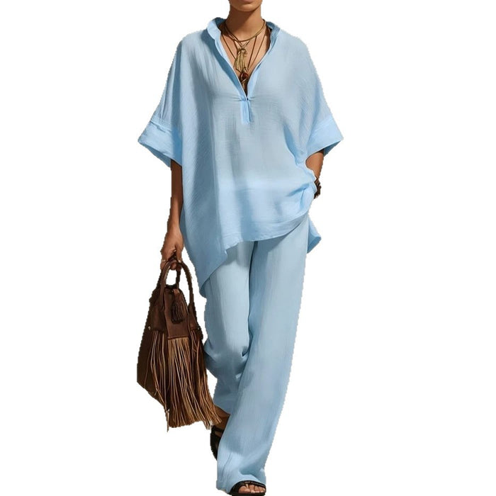 Womens Casual Loose-fitting Solid-color Shirt And Wide-leg Pants Set by Ricaloux