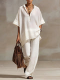 Womens Casual Loose-fitting Solid-color Shirt And Wide-leg Pants Set – Premium 0 | RICALOUX