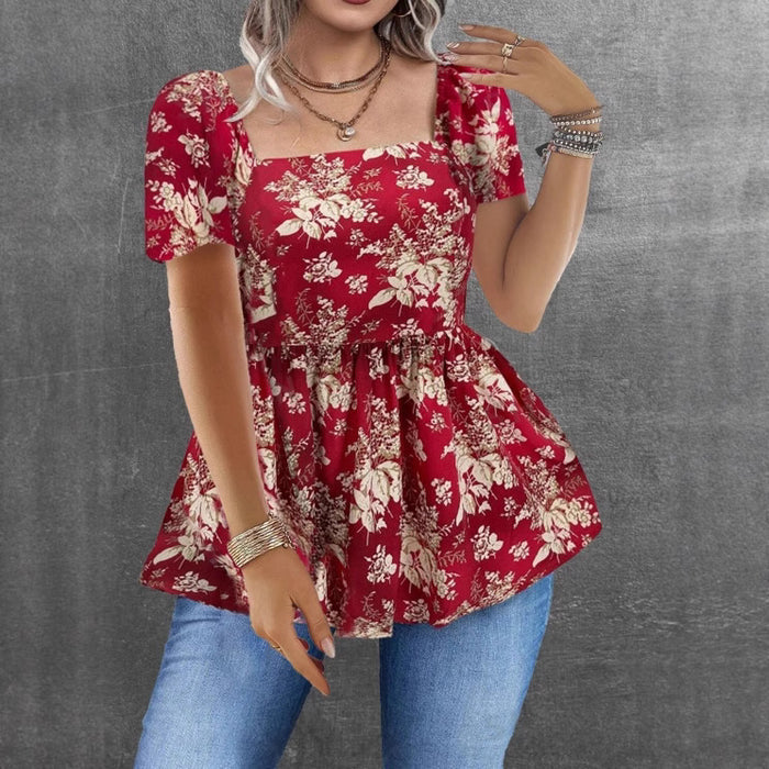 Womens Casual Short Square-neck Floral Top – Premium 0 | RICALOUX