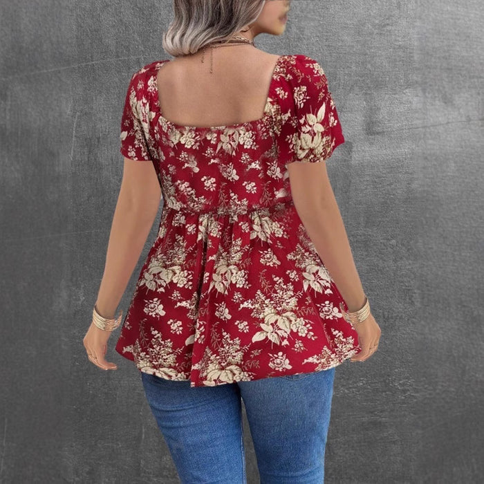 Womens Casual Short Square-neck Floral Top – Premium 0 | RICALOUX