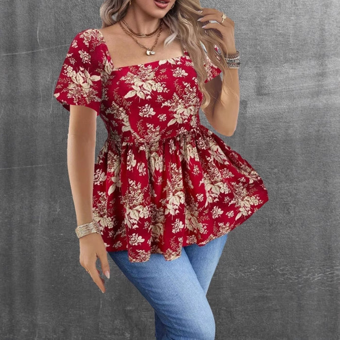 Womens Casual Short Square-neck Floral Top – Premium 0 | RICALOUX