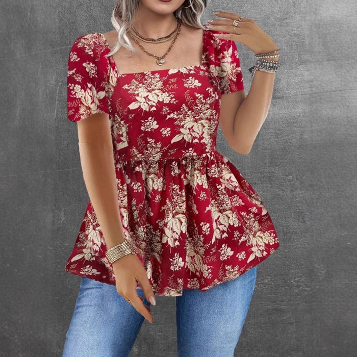 Womens Casual Short Square-neck Floral Top – Premium 0 | RICALOUX