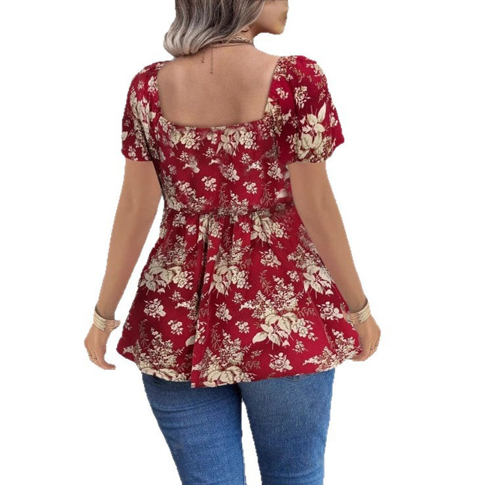Womens Casual Short Square-neck Floral Top – Premium 0 | RICALOUX