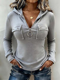 Women'S Casual Solid Color Hooded Zip-Up Top by Ricaloux