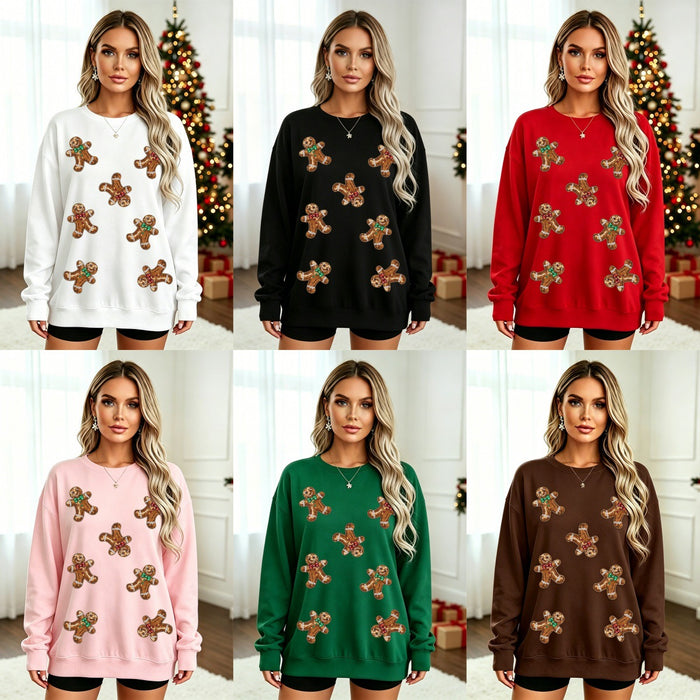 Womens Christmas Gingerbread Man Glittery Loose-Fit Pullover Hoodie by Ricaloux