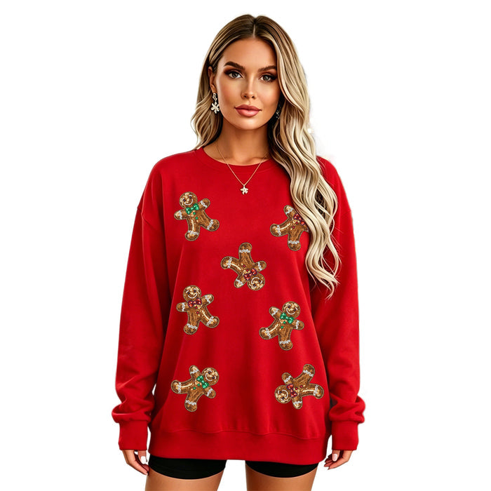 Womens Christmas Gingerbread Man Glittery Loose-Fit Pullover Hoodie by Ricaloux