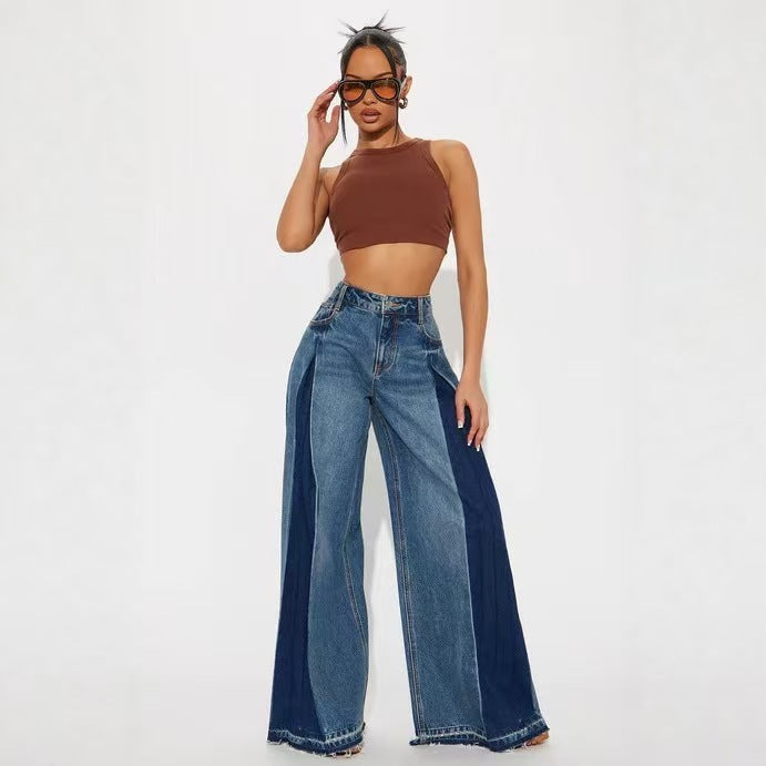 Womens Contrasting-Color Loose-Fit Stretch Wide-Leg Jeans by Ricaloux