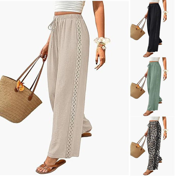 Womens Drawstring-waist Patchwork-lace Casual Loose-fitting Wide-leg Pants With Pockets – Premium 0 | RICALOUX