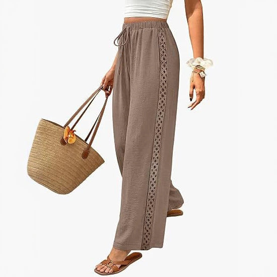 Womens Drawstring-waist Patchwork-lace Casual Loose-fitting Wide-leg Pants With Pockets – Premium 0 | RICALOUX