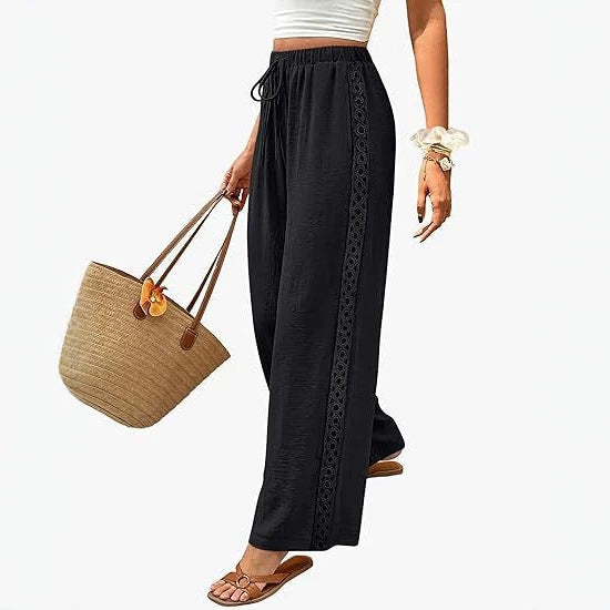 Womens Drawstring-waist Patchwork-lace Casual Loose-fitting Wide-leg Pants With Pockets – Premium 0 | RICALOUX