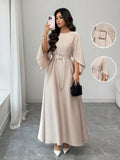 Womens Fashion Round-Neck Defined-Waistline Lace-Up Dress by Ricaloux